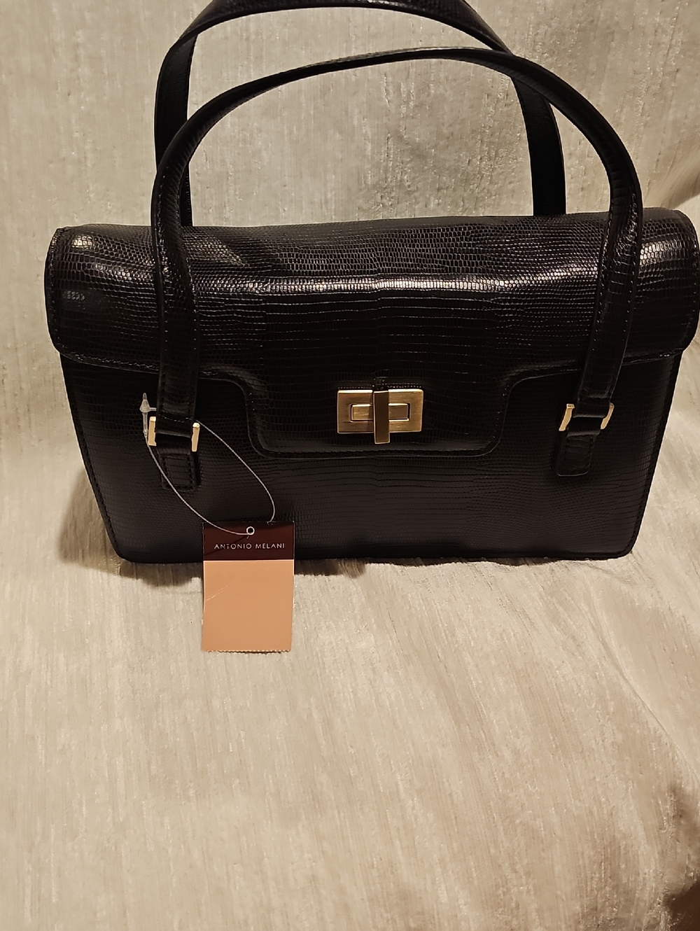 ANTONIO MELANI Brown Textured Leather Satchel with Gold-Tone Hardware